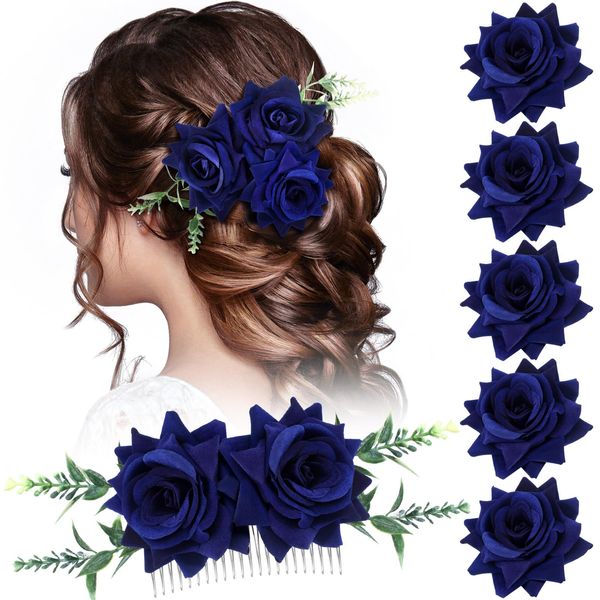 Geyoga 6 Pcs Rose Flower Hair Clip with Rose Flower Hair Comb Women Rose Flower Hair Accessories Bridal Rose Headpiece Flower Hairpin Rose Brooch for Women Girls Wedding Dancing Party (Navy Blue)