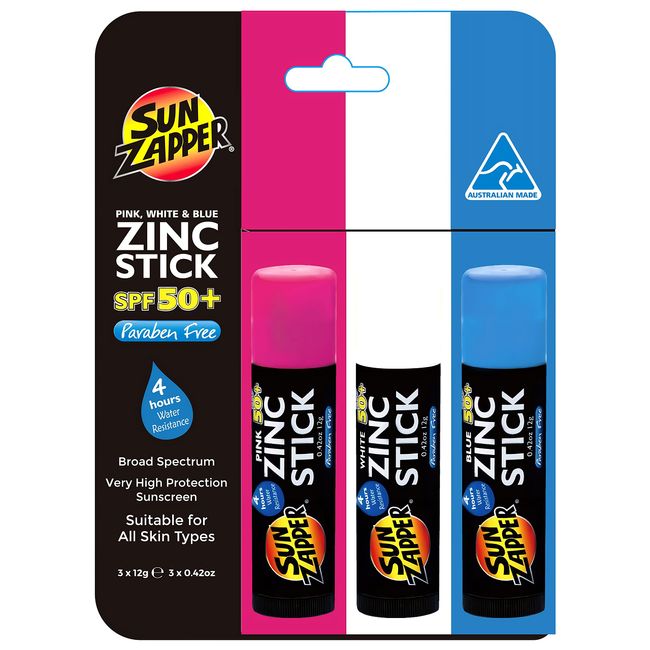 Sun Zapper Zinc Sunblock Sticks - Pink White & Blue Triple Value Pack - Very High Sun Protection SPF50+ UVA/UVB+ Sun Zapper Sun Cream for Kids Adults & Sports - Made in Australia