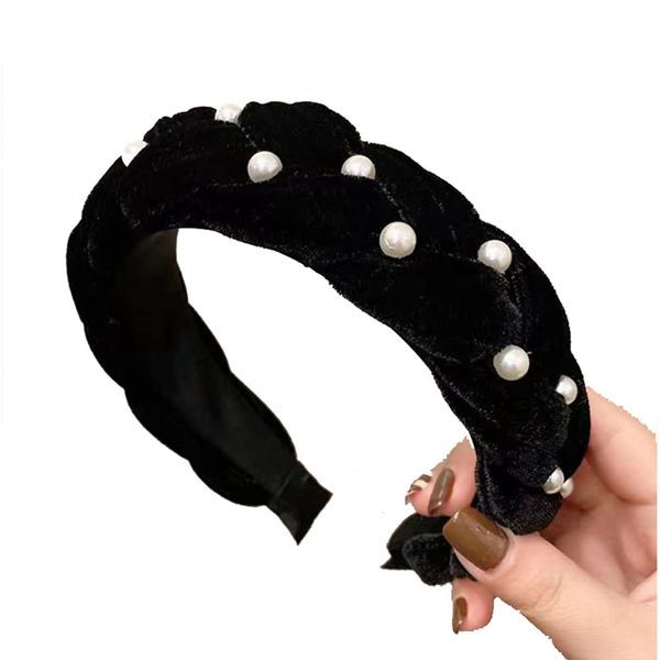 Yurosiay Samt Haarreifen Damen Haarreif Samt Geflochten Vintage Breit Geflochtenes Stirnband Mit Weiße Perlen Elastische Samt Haarband Mode Elegant Haarreifen für Damen Mädchen Schwarz 1#