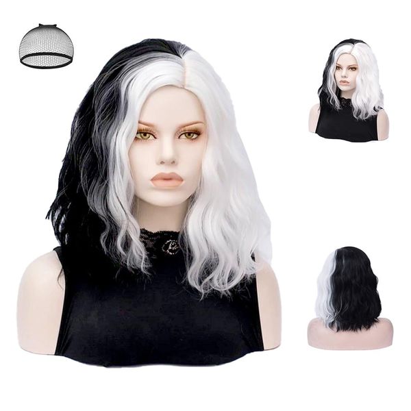 Aomig Black and White Wig, Halloween Christmas Medium Long Curly Wavy Wig, Bob Wig Half Black Half White Wig with Hairnet, Women Cosplay Fancy Dress Synthetic Carnival Party Costume