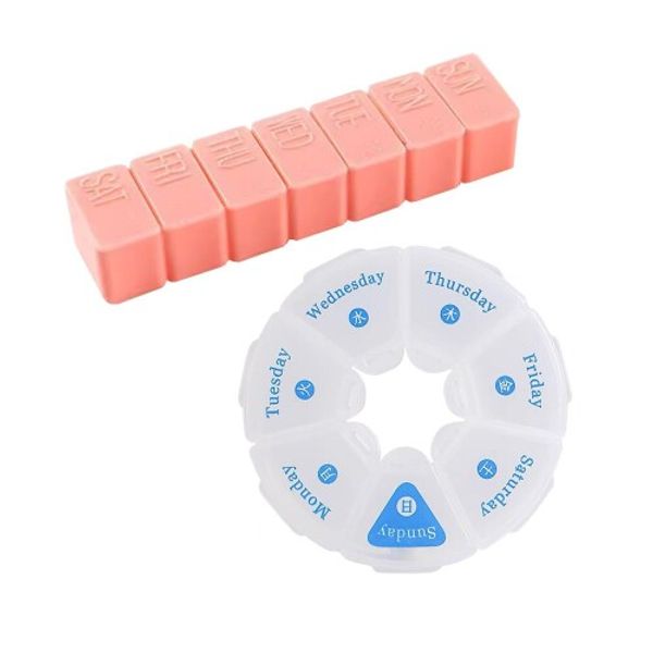 SSZYMAOYI Pill Case, Medicine Case, Supplement Case, Medicine Holder, 1 Week, Prevents Forgetting to Take Pills, Pill Case, Portable, Compact, Easy to Carry, Large Capacity, Easy to Open and Close, 2 Pieces (Long Pink, Round White)