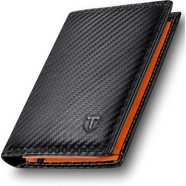 TEEHON Wallets RFID Blocking, Carbon Fiber Leather for Men UK, 12 Credit Card Holders & ID Window & Coin Pocket & 2 Banknote Compartments, Bifold Wallet with Gift Box - Black & Orange