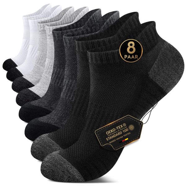 EKSHER Sneaker Socken Damen 35-38 Herren Sportsocken Kurze Socks Cushioned Laufsocken Frotteesohle Baumwolle Halbsocken Atmungsaktive 8 Paar Schwarz Weiß Dunkelgrau Hellgrau