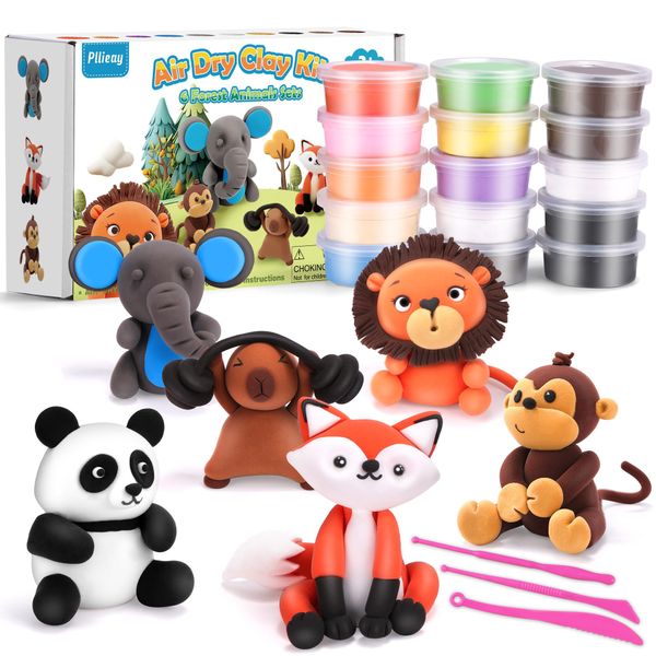 Pllieay 6 Pack Forest Animals Air Dry Clay Kit, Modeling Clay for Kids, DIY Model Magic Clay with Sculpting Tools, Non-Sticky Soft and Super Light, Arts and Crafts Gift for Kids (Forest Animals)