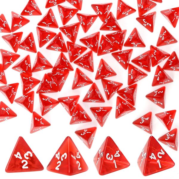 60PCS Red Four Sided D4 Dice for D&D TRPG Cup Games, Multi Gem Polyhedral Triangular Mini Acrylic Dice Set Suitable for Board Table RPG Gaming Theme Parties Gatherings Bar Gift for Friends Family