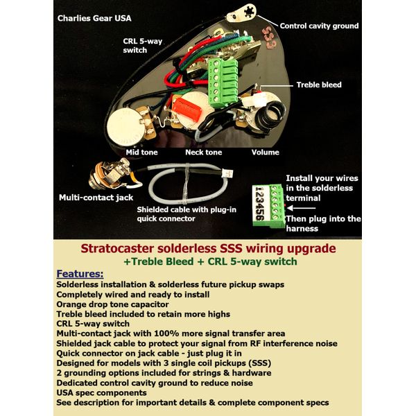 Strat Solderless SSS Wiring Upgrade +Treb Bleed /CRL 5-way/Shielded Jack Cable