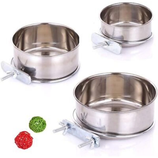 3 Pack Bird Feeder Bowl, Stainless Steel Parrot Feeding Cups 3 Pack, Silver