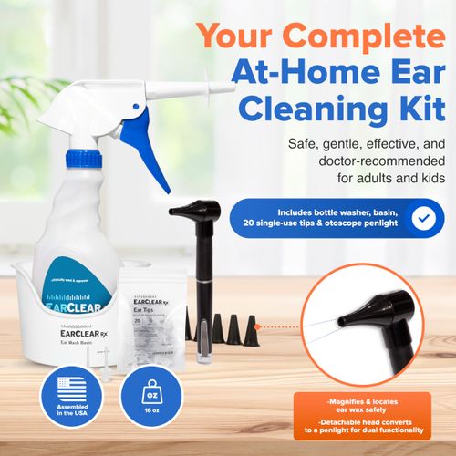 EarClearRX Flexible Tip Kit – Complete at-Home Ear Cleaning Kit for Adults & Kids - Easy-to Use Ear Cleaner - Includes Bottle Washer, Basin, 20 Disposable Tips, Microfiber Towel & Otoscope Penlight