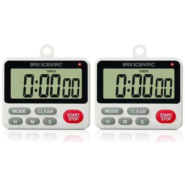 Sper Scientific 24-Hour Digital Lab + Kitchen Timer with LED Light 810001 - Precision Countdown Timer with Large Display, Loud Alarm & Clock Mode - for Cooking, Lab Experiments & More - 2 pc