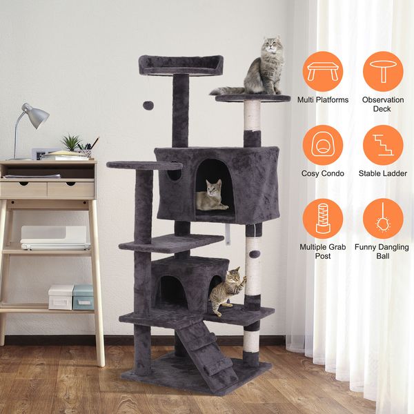 Pet Kitty Furniture with Scratching Posts 55" Cat Tree Activity Tower Ladders