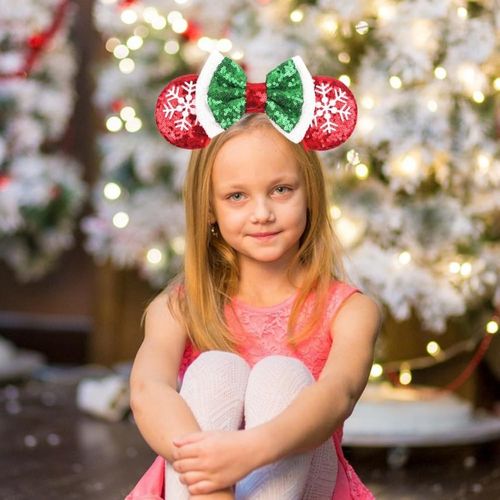 YOWOCAL Christmas Mouse Ears Bow Headband,Snow Sequin Bow Hair Hoop Headwear for Christmas Princess Party Decorations,Cosplay Costume Accessories for Women Girl