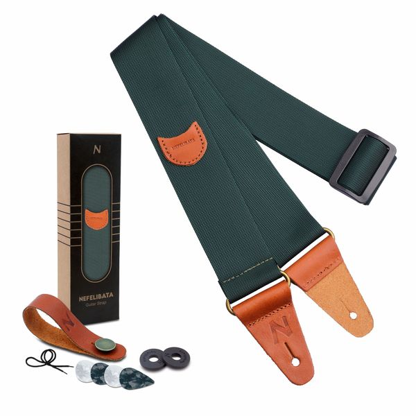 Nefelibata Guitar Strap, Nylon Full Grain Leather Ends Guitar Straps with Pick Pocket for Bass, Electric & Acoustic Guitar, Come with Free Strap Button, 1 Pair Strap Locks and 4 Guitar Picks(Green)