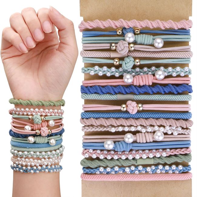 20Pcs Boho Hair Ties Bracelet Hair Ties No Damage Boho Styles Ponytail Holders Hair Ring with Beads for Women and Girls