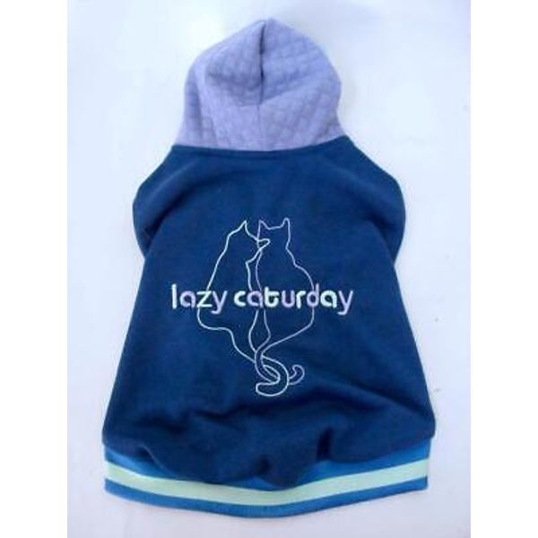 Cat Hoodie Sweatshirt Sweater "Lazy Caturday" L XL Embroidered Blue Green