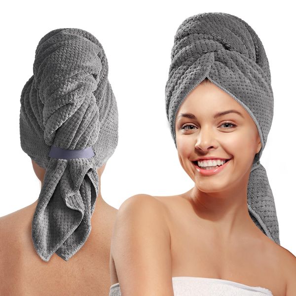 MABAO Microfiber Hair Towel Wrap for Women, Quick Dry Hair Turban Towel with Elastic Band, Microfiber Plopping Towel for Curly Hair, Long & Thick Hair 26.3" X 40" (Gray)