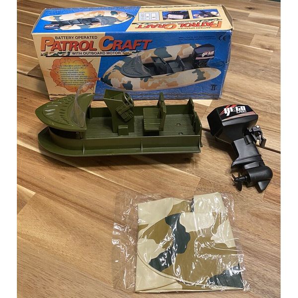 Vintage YEGO PATROL CRAFT BOAT w OUTBOARD MOTOR Battery Operated New In Box