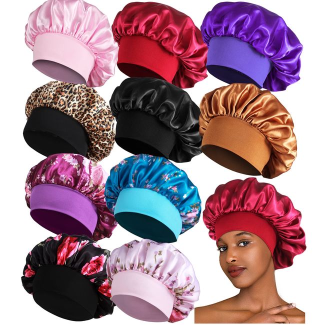 10PCS Satin Bonnets for Black Women, Large Braids Bonnet Wide Band Hair Bonnets