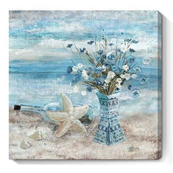 Bathroom Decor Wall Art Blue Beach Picture Ocean Theme Flower Canvas