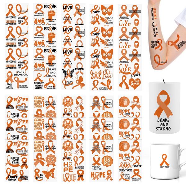 WANDIC 30 Sheets Leukemia Awareness Temporary Tattoos, Orange Ribbon Awareness Tattoo Sticker Cancer Survivor Decals for Charity Event Decoration