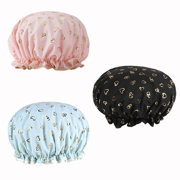 Shower Cap, Set of 3, Waterproof, Bath Cap, 2 Layer Waterproof, Reusable Heart-shaped Pattern for Hot Springs, SPA, Cooking, Cleansing, Hair Dye Caps