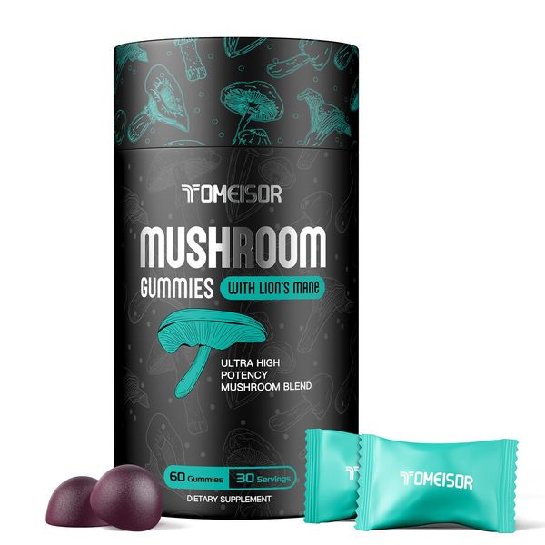 TOMEISOR Mushroom Gummies for Adults, Lions Mane Gummies, 10x Mushroom Supplement with Lions Mane, Chaga, Reishi, Cordyceps for Brain Health,Focus & Memory Function,60 Gummies