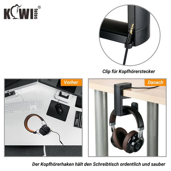 KIWIFOTOS 2-in-1-Kopfhörerständer unter dem Schreibtisch mit 4 Anschlüssen USB-Hub-Organizer, Headset-Halter, Kopfhörerhaken, Aufhänger für Schreibtisch, PC-Gaming-Zubehör - Schwarz