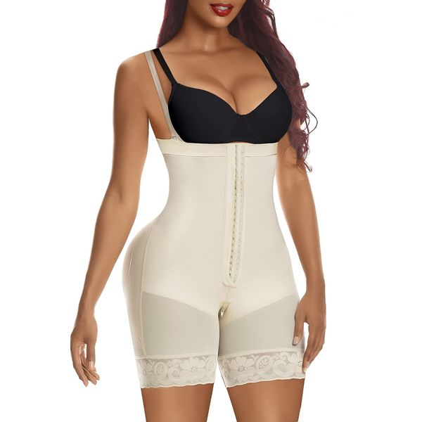 YIANNA Shapewear for Women Tummy Control Body Shaper Hooks Fajas Colombianas High Compression Butt Lifter Zip Crotch Bodysuit Beige 7243 XL