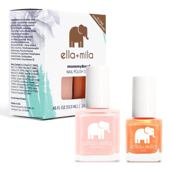 ella+mila Mommy & Me Set of 2 Fast Drying Nail Polish - Quick Dry, Chip Resistant, & Long Lasting Nail Polish Set - Quick Dry Nail Polish Set in Tea Rose (0.45 fl. oz) & Mango Pop (0.24 fl. oz)