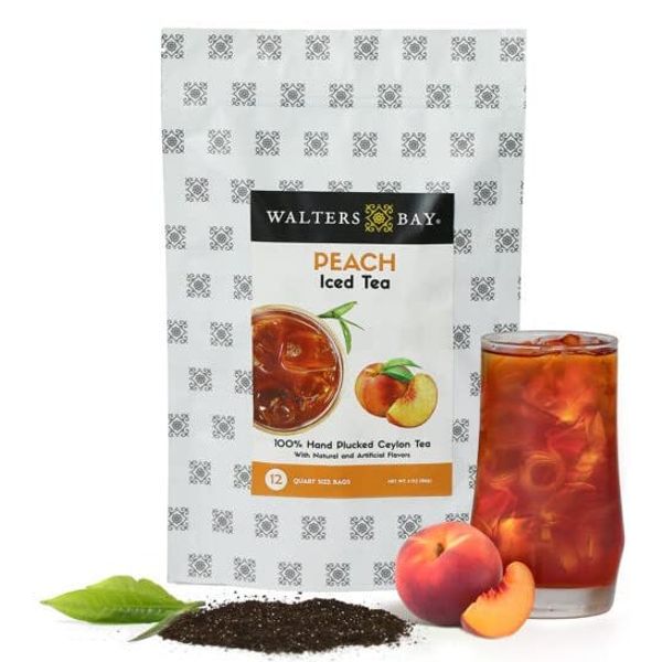 Walters Bay Peach Iced Tea | 12 Quart Sized Tea Bags, Ceylon Tea, Unsweetened, Peach Flavored, 100% Hand Plucked, Black Tea