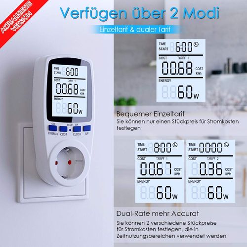 Electricity meter, BMK multifunctional socket, dual rate time sharing range, digital energy cost meter with LCD screen, electricity analyser with overload protection, 3,680 W