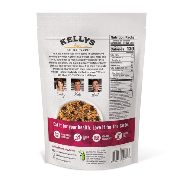 Kelly's Four Plus Granola (Cherry Chocolate) Granola Cereal with Whole Grain Oats, Honey, Maple Syrup - Non-GMO, Low Sugar, Sodium Free and Gluten Free Granola for Yogurt - 12oz (Pack of 4)