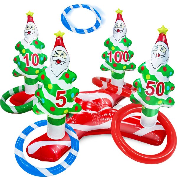 TURNMEON Giant Inflatable Christmas Tree Ring Toss Party Game Toys Kids Adults Family Stocking Stuffers Christmas Party Supplies Favors Decoration Indoor Outdoor Games(4 Score Santa Base, 4 Rings)