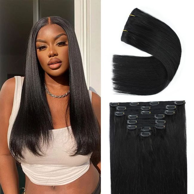 Clip in Hair Extensions Real Human Hair Clip in Hair Extensions Black Women 120g 100% Human Hair Clip in Hair Extensions 8pcs Double Weft Handmade Per Set with 18clips (16 Inch, 1B Natural Black)