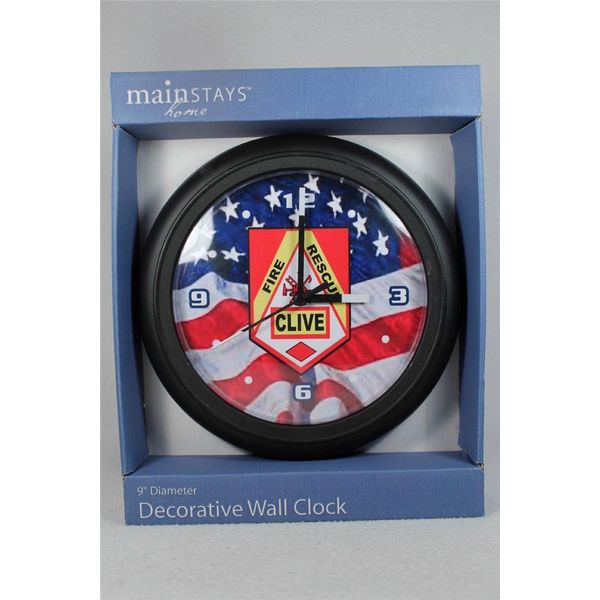 Clock By Mainstays Designed for 'Clive Iowa Fire & Rescue'  9" Diameter  NEW