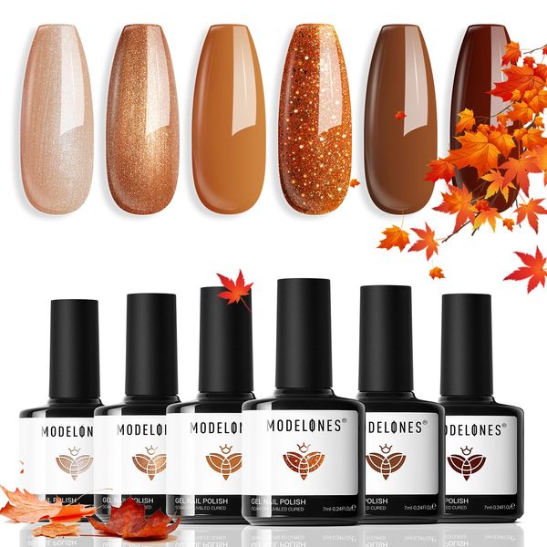 Modelones Fall Gel Nail Polish Set, 6 Colors Gel Polish Kit Pearl Nude Brown Shimmer Glitter Orange Red Nail Polish Gel, 2024 Halloween Nails Soak OFF LED Gel Nail Kit Manicure Nail Art Gel DIY Salon