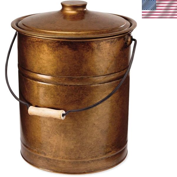 3 Gallon Copper Large Ash Bucket with Lid and Wood Handle | 28 Gauge Galvaniz...