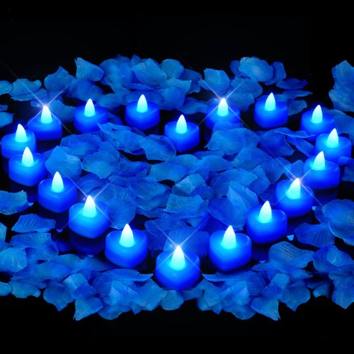Amagic 2000 Pieces Blue Artificial Rose Petals with 24 Blue Heart LED Tea Lights, Rose Petals and Candles Set for Proposal, Anniversary, Romantic Night, Wedding Decor