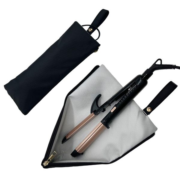 Heat Resistant Bag/Mat for Flat Iron,Curling Iron,Straightener and Styling Irons,Fireproof Lining Protects Counters.(Black)