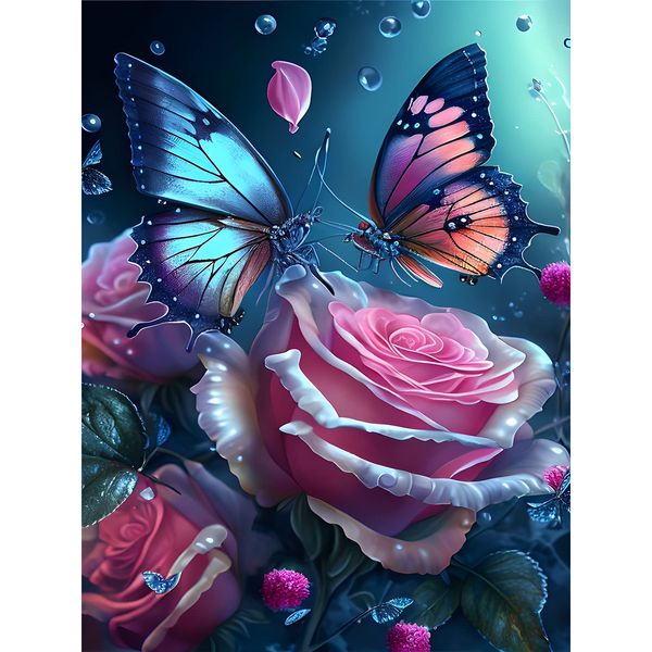 EOBROMD Butterflies Diamond Painting Kits for Adults Kids, Full Round Drill Flowers Diamond Art Kits, Diamond Art Embroidery Kits Crystal Rhinestone Art Craft for Home Wall Decor Gifts 30x40cm