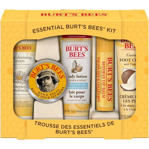 Burt's Bees Essential Gift Set, Lip Balm, Hand Salve, Body Lotion, Foot Cream & Face Cleanser, 5 Travel Size Products