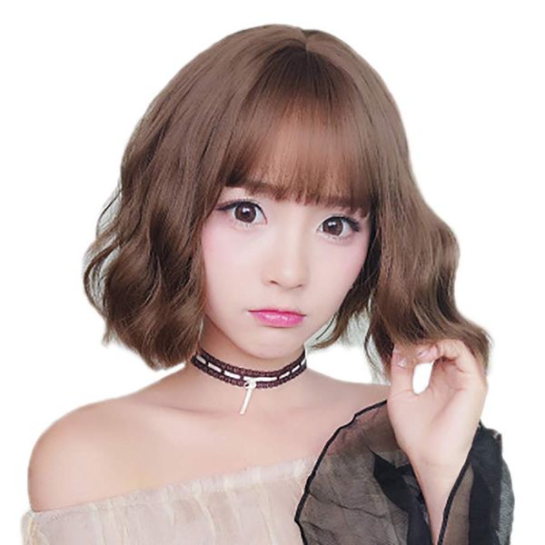 Wig, Bob, Short, Full Wig, Wave, Perm, Medium Wig, Natural Fluffy Feel, Small Face, Harajuku Style, Women's (Chocolate Color)