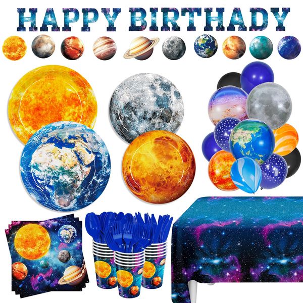 228pcs Outer Space Party Supplies Space Birthday Party Plates Napkins Galaxy Tablecloth Banner Balloons Outer Space Tableware for Boy Birthday Party Serve 30 Guests