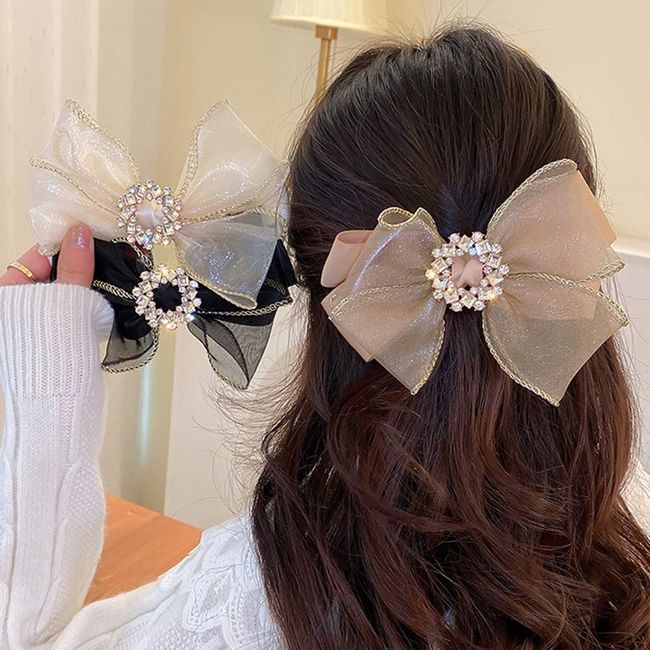 Wiwpar Bow Hair Clips for Women Gauze Bow Hair Clip Rhinestone Bow Barrettes for Women Girls (Ivory)