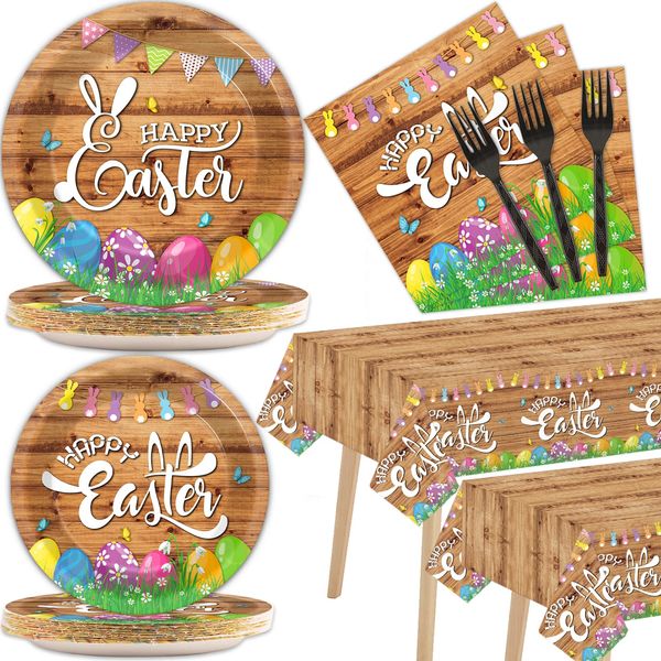 Easter Party Supplies Tableware Kit for 24 Guests Easter Eggs Bunny Party Plates Napkins Decorations and Favors with Eggs Tablecloth