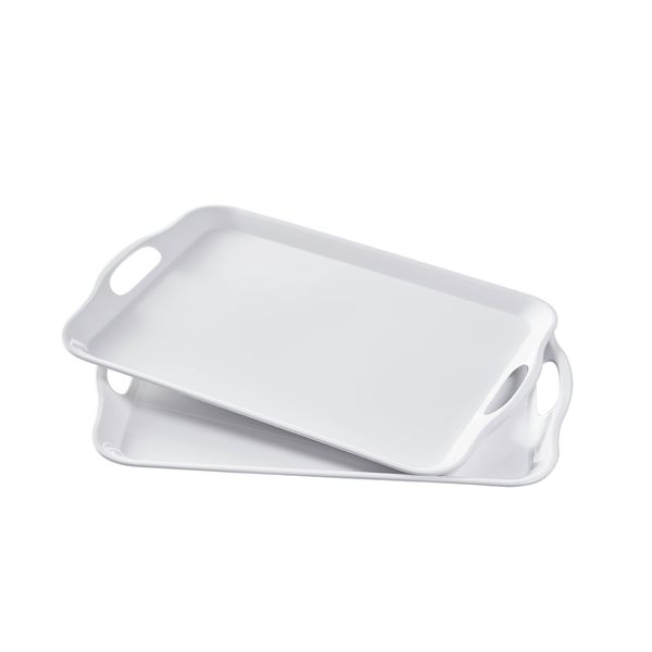 Blue Boat 16.5" x 11.5" Serving Trays Set of 2 White, Dinner Tray, Light Weight Easy to Clean Sturdy Stackable Melamine Serving Tray with Handle, Fruit, Snacks, and Desserts Trays