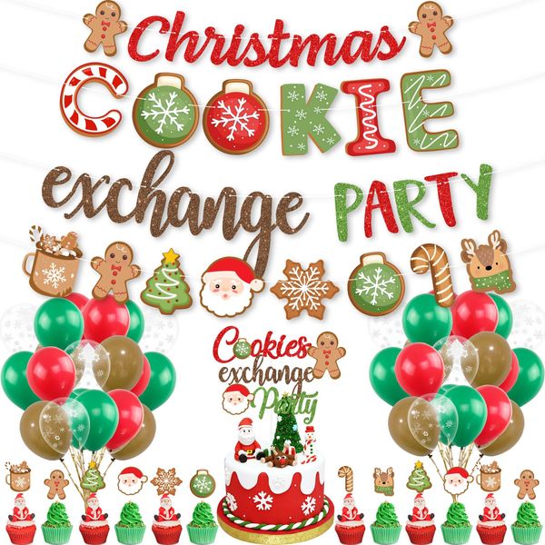 Christmas Gingerbread Baking Cookie Swap Party Decor, Christmas Cookie Exchange Banner Snowflake Elk Cake Topper Balloons for Christmas Cookie Decorating Hot Cocoa Bar Supplies Winter Birthday Party