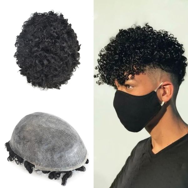 Hair Wonders Afro Toupee For Black Men Weave Hair Units Curly African American Mens Toupee Human Hair Replacement Systems Poly Skin Afro Mens Hair Piece PU 8x10Inch 20MM AFRO WAVE1B# OFF BLACK