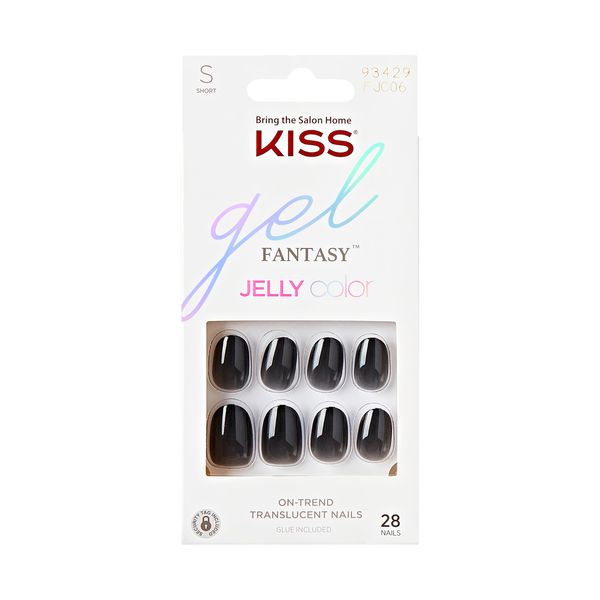 KISS Gel Fantasy, Press-On Nails, Nail glue included, 'Jelly Queen', Black, Short Size, Oval Shape, Includes 28 Nails, 2g glue, 1 Manicure Stick, 1 Mini File