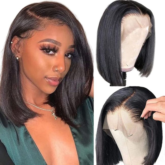 Bob Wig Human Hair Glueless Wigs Human Hair Pre Plucked Pre Cut 13x4 HD Lace Front Wear and Go Glueless Wigs Human Hair 180% Density Short Straight Bob Wigs for Women 14inch