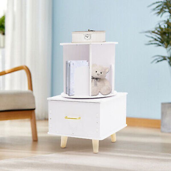 Modern Bedside Table with Drawer, Corner High End Table, Rotating Bookshelf